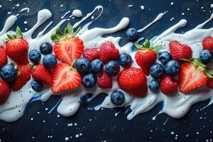 Strawberries, blueberries and raspberries lying on a layer of yogurt on a dark blue background photo