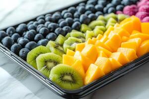 Fresh cut fruit platter with mango, kiwi, blueberries, raspberries arranged in rows on a black catering tray photo