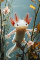 Leucistic axolotl swimming in freshwater aquarium photo