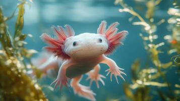 Pink axolotl swimming underwater near green seaweed photo