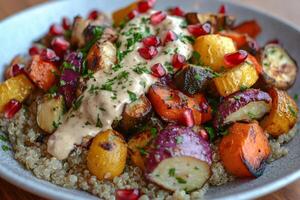 Quinoa salad with roasted vegetables and parsley dressing is served in bowl photo