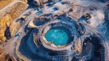Turquoise water filling a large hole in open pit coal mine, aerial view photo