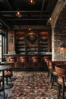 Classic american bar showing wooden counter, brick walls, and tiled floor photo