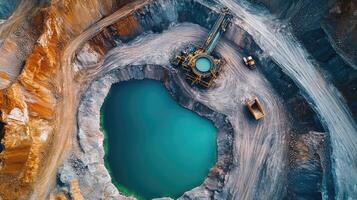 Industrial mining site showing turquoise water in open pit mine photo