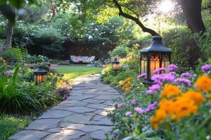 Tranquil garden path with illuminated lanterns creating a magical atmosphere photo