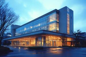 Modern building illuminating the night with warm light photo