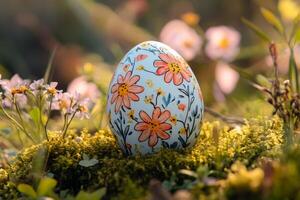 Easter egg decorated with flowers resting on moss in a meadow photo