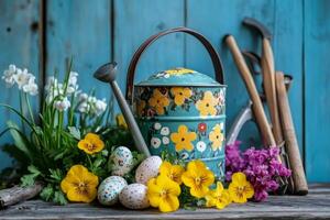 Easter eggs and spring flowers decorating a rustic garden scene with watering can photo
