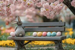Easter bunny figurine sitting on a bench with colorful eggs under blooming cherry tree photo
