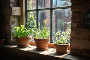 Aromatic herbs growing in terracotta pots on windowsill photo