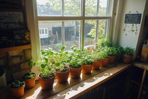 Aromatic herbs growing on windowsill in rustic kitchen photo