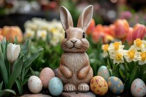 Easter bunny figurine sitting in a flower bed with colorful easter eggs photo