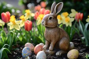 Easter bunny statue sitting in garden with painted eggs and spring flowers photo