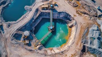 Industrial mining site showing turquoise water in open pit mine. photo