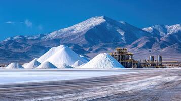 Piles of lithium carbonate ready to be processed in a lithium plant near the mountains photo