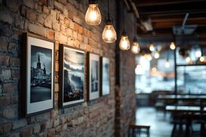 Black and white photos hanging on brick wall in modern cafe