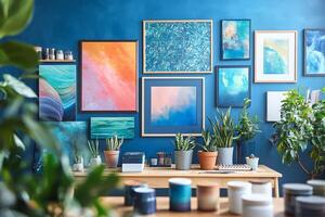 Art studio with paintings on blue wall, table with plants and painting tools photo