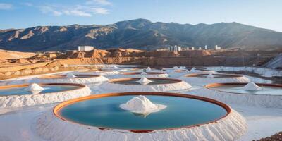 Lithium evaporation ponds for lithium extraction from brine, next to a mining area photo