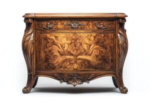 Luxurious antique wooden commode showing fine wood grain and carvings on white background photo