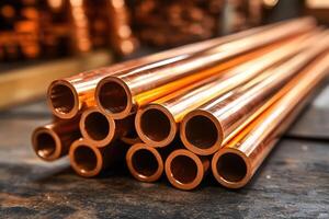 Copper pipes showing inner diameter stacked on workshop table photo