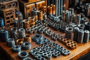 Various mechanical parts displayed on workbench in workshop photo