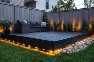 Modern backyard deck with lighting illuminating the surrounding lawn and bushes photo
