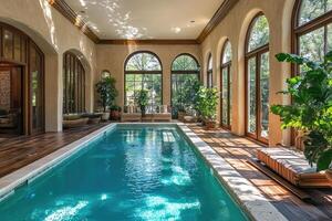 Elegant indoor swimming pool surrounded by lush greenery and arched windows photo