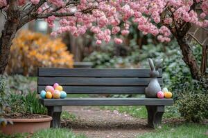 Easter bunny and colorful eggs sitting on a bench in a blooming garden photo