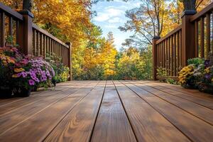 Wooden deck with railing and autumn foliage creating a relaxing ambiance photo