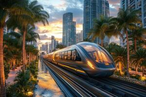 Modern elevated train moving through downtown miami photo