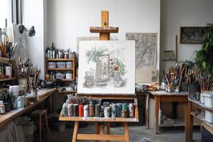 Painting on easel showing lush greenery in art studio setting photo