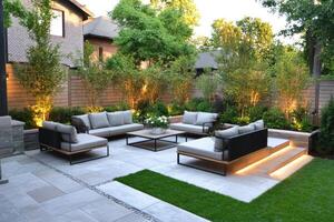 Modern backyard patio with comfortable seating and lush landscaping illuminated by evening light photo