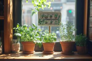 Aromatic herbs growing on windowsill in terracotta pots photo