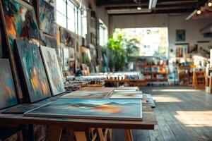 Art gallery displaying colorful abstract paintings on easels and tables photo