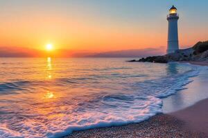 Lighthouse shining at sunset on a beautiful beach with waves crashing photo