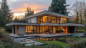 Modern concrete house with illuminated interior at sunset in wooded area photo