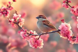 Eurasian tree sparrow perched on a flowering branch in spring photo