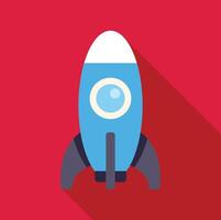 Blue rocket ship launching on red background with long shadow vector