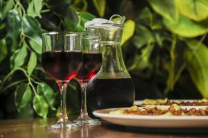Enjoying red wine and delicious food in a relaxed setting with greenery photo