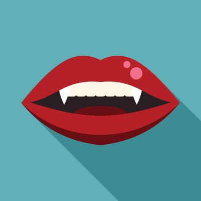 Red lips showing vampire fangs on a pastel blue background