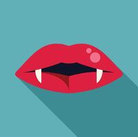 Red vampire lips showing fangs biting lower lip on turquoise background vector