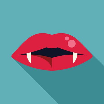 Red vampire lips showing fangs biting lower lip on turquoise background