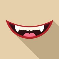 Vampire showing fangs with red lips grinning on beige background vector