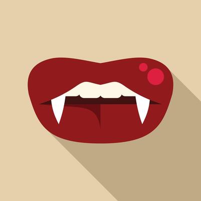 Red lips showing vampire fangs biting for halloween party