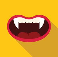 Open mouth showing tongue and vampire fangs on yellow background vector