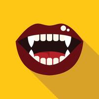 Vampire showing fangs with red lips on yellow background vector