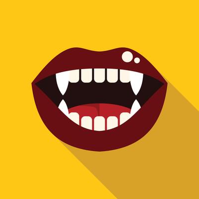 Vampire showing fangs with red lips on yellow background