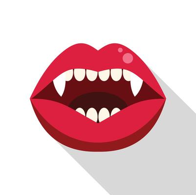 Red vampire lips showing fangs and teeth biting in flat design style