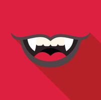 Vampire showing fangs with red lips on red background vector