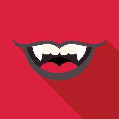 Vampire showing fangs with red lips on red background